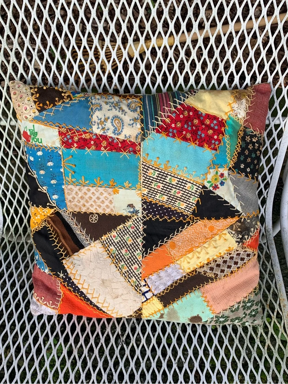 Antique Crazy Quilt Throw Pillow Handmade Patchwork Victorian